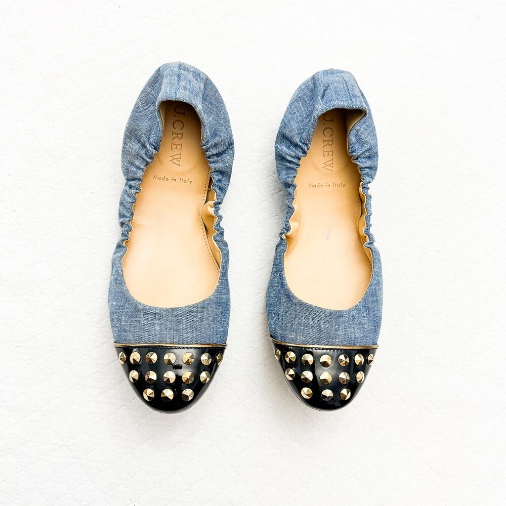 J. Crew Denim Leather Cap Toe Ballerina Flat Shoes Size 6 Italy